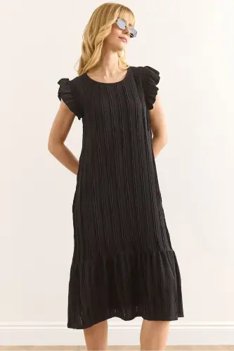 Women Black Sleeve Skirt Ruffled Textured Midi Dress E 