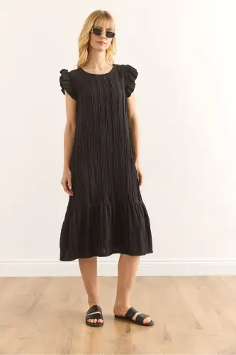 Women Black Sleeve Skirt Ruffled Textured Midi Dress E - OLALOOK (1)
