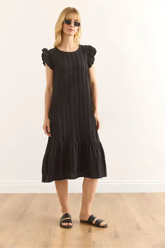 Women Black Sleeve Skirt Ruffled Textured Midi Dress E - 2