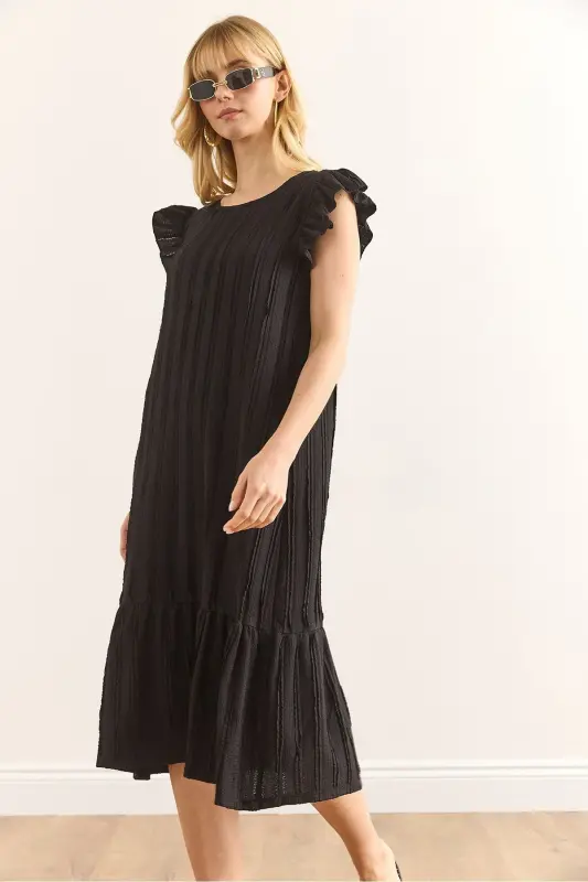 Women Black Sleeve Skirt Ruffled Textured Midi Dress E - 3