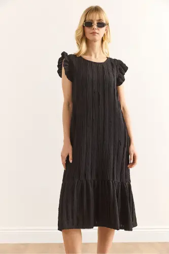 Women Black Sleeve Skirt Ruffled Textured Midi Dress E - 4