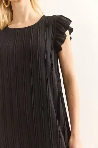 Women Black Sleeve Skirt Ruffled Textured Midi Dress E - 5