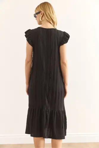 Women Black Sleeve Skirt Ruffled Textured Midi Dress E - 6