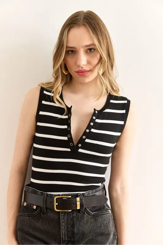 Women Black Snap Fastener Striped Elastic Crop Blouse Blz-1 - 3