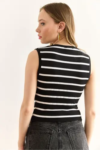 Women Black Snap Fastener Striped Elastic Crop Blouse Blz-1 - 6