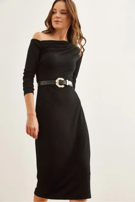 Women Black Soft Touch Boat Neck Dress CLO-1 - OLALOOK