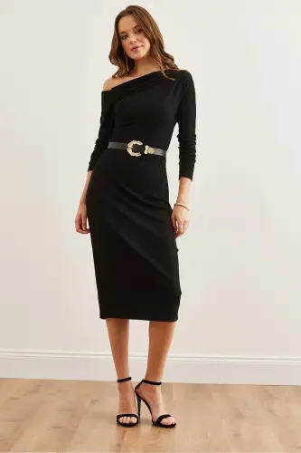 Women Black Soft Touch Boat Neck Dress CLO-1 - 3