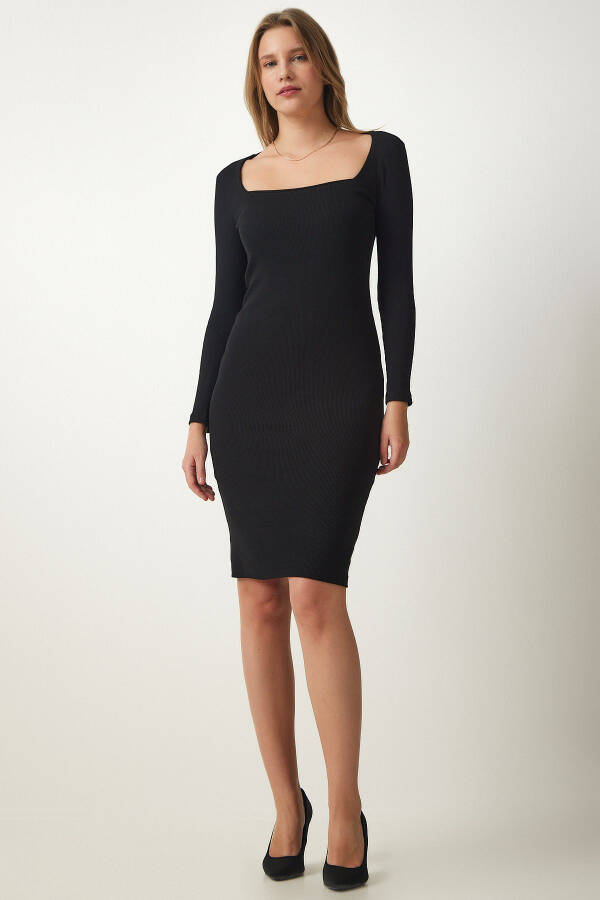 Women Black Square Neck Ribbed Knit Dress GT00055- - 1