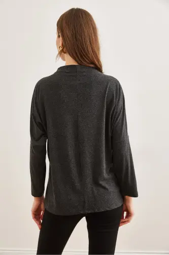 Women Black Stand Collar Batwing Wool Viscose Blouse BLZ-19002800-Black - 2