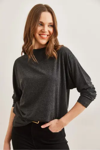 Women Black Stand Collar Batwing Wool Viscose Blouse BLZ-19002800-Black - 7