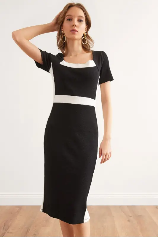 Women Black Stripe Detailed Flexible Ribbed Mini Cotton - 1