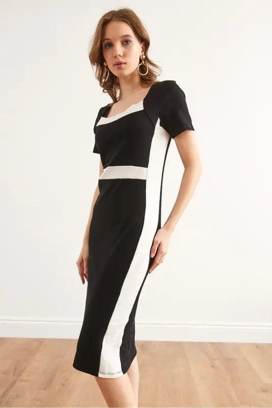 Women Black Stripe Detailed Flexible Ribbed Mini Cotton - 4