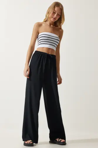 Women Black Summer Viscose Palazzo Pants EN00610-Black - 3