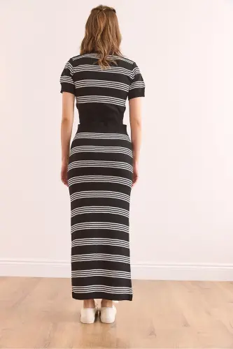 Women Black Top and Bottom Striped Knitwear Suit TKM-190003 - 6