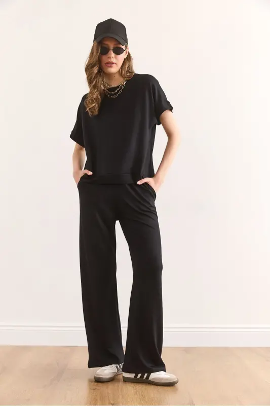 Women Black Top Blouse Bottom Pocketed Pants Suit SET- - 2