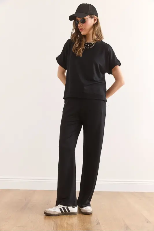 Women Black Top Blouse Bottom Pocketed Pants Suit SET- - 4