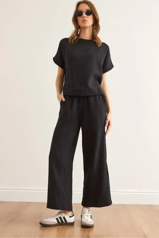 Women Black Top Blouse Bottom Trousers Muslin Set TKM - 1
