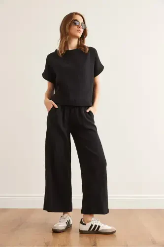Women Black Top Blouse Bottom Trousers Muslin Set TKM - 3