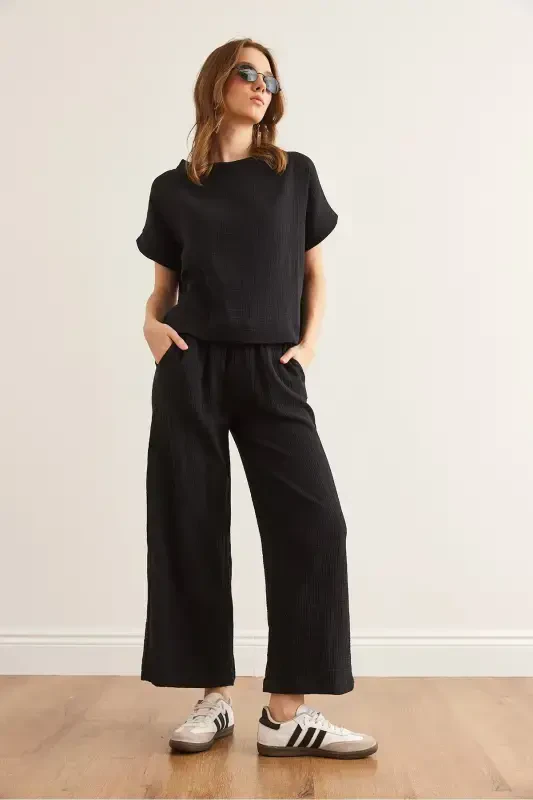 Women Black Top Blouse Bottom Trousers Muslin Set TKM - 3