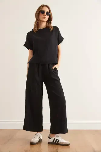 Women Black Top Blouse Bottom Trousers Muslin Set TKM - 4