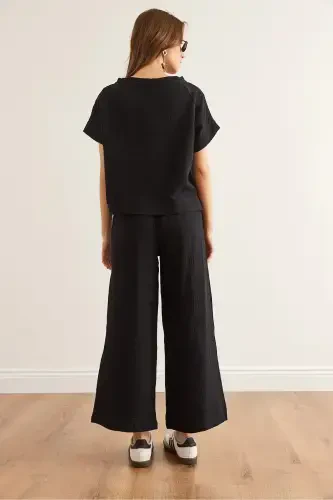 Women Black Top Blouse Bottom Trousers Muslin Set TKM - 6
