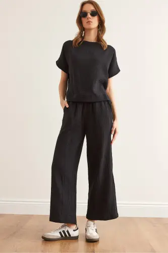 Women Black Top Blouse Bottom Trousers Muslin Set TKM 