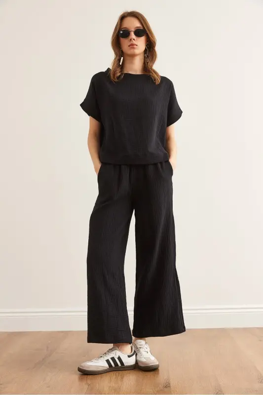 Women Black Top Blouse Bottom Trousers Muslin Set TKM - 2