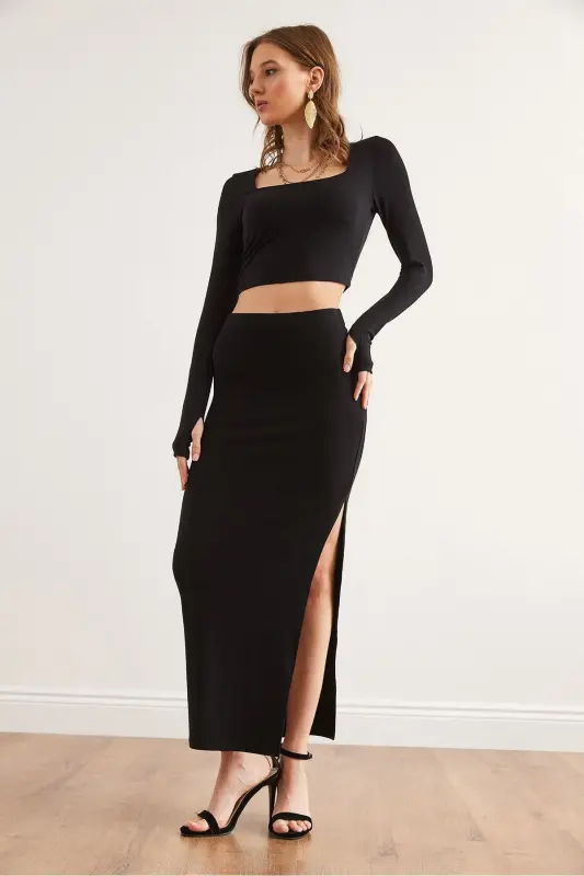 Women Black Top Fingerless Blouse Slit Hem Skirt T - 4