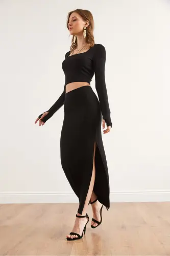 Women Black Top Fingerless Blouse Slit Hem Skirt T - 6