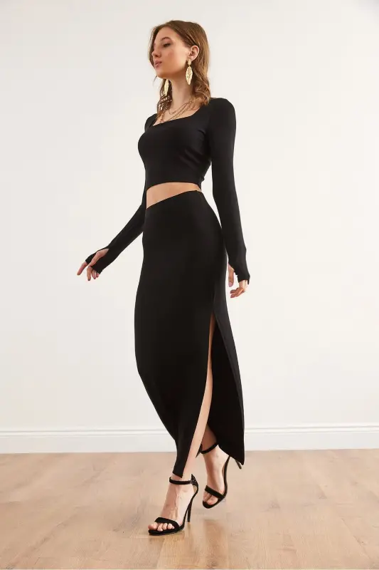 Women Black Top Fingerless Blouse Slit Hem Skirt T - 6