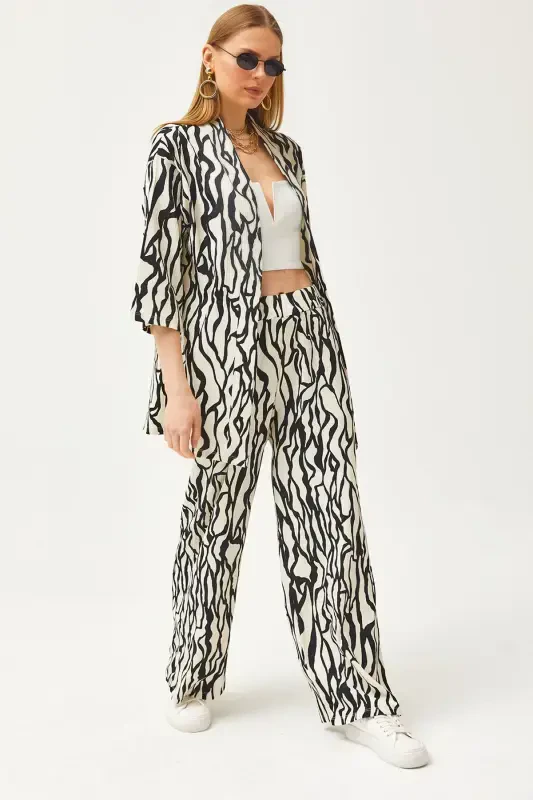 Women Black Top Kimono Bottom Pocketed Pants Suit TK - OLALOOK