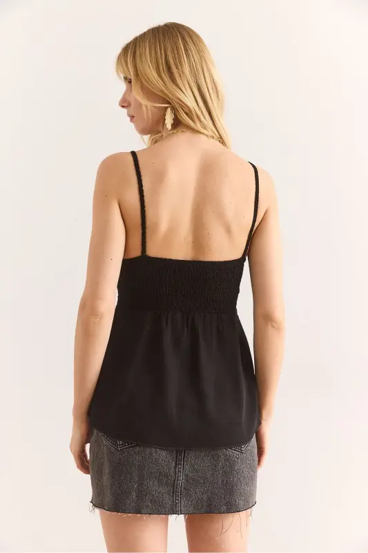 Women Black Top Knit Bottom Woven Strappy Viscose Blouse - 6