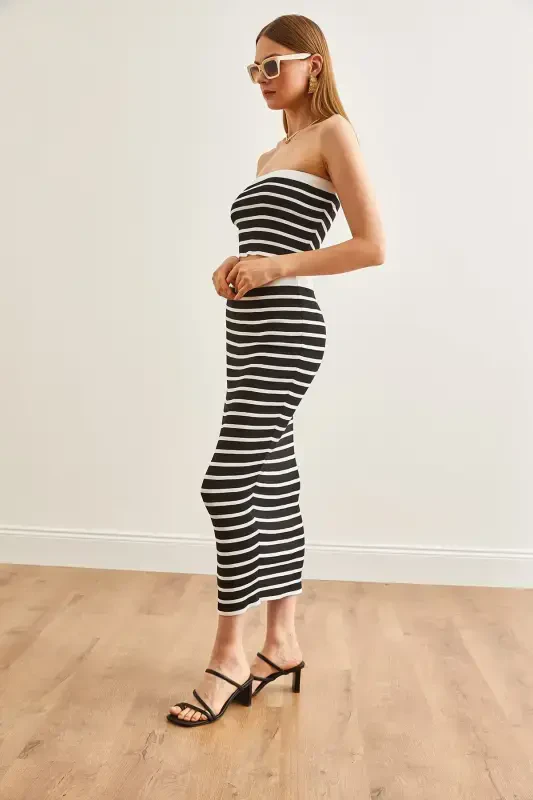 Women Black Top Strapless Blouse Bottom Skirt Knitted Suit - 4