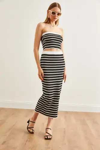 Women Black Top Strapless Blouse Bottom Skirt Knitted Suit - 6