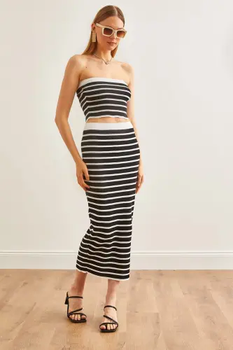 Women Black Top Strapless Blouse Bottom Skirt Knitted Suit - 9