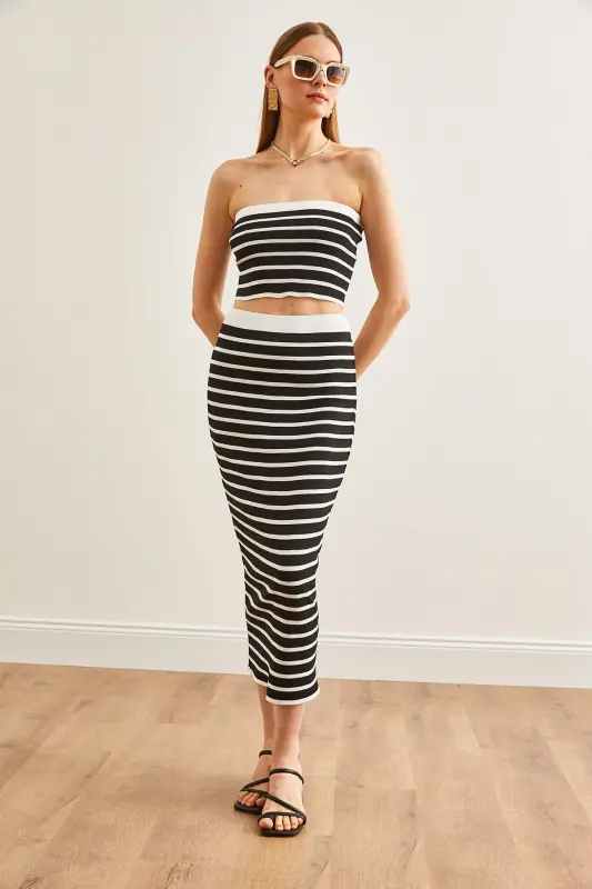 Women Black Top Strapless Blouse Bottom Skirt Knitted Suit - 10