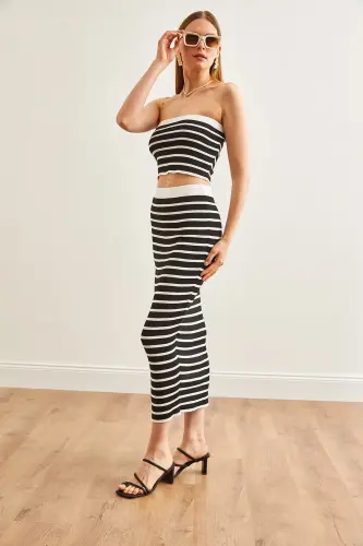 Women Black Top Strapless Blouse Bottom Skirt Knitted Suit - 13