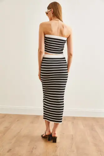 Women Black Top Strapless Blouse Bottom Skirt Knitted Suit - 15