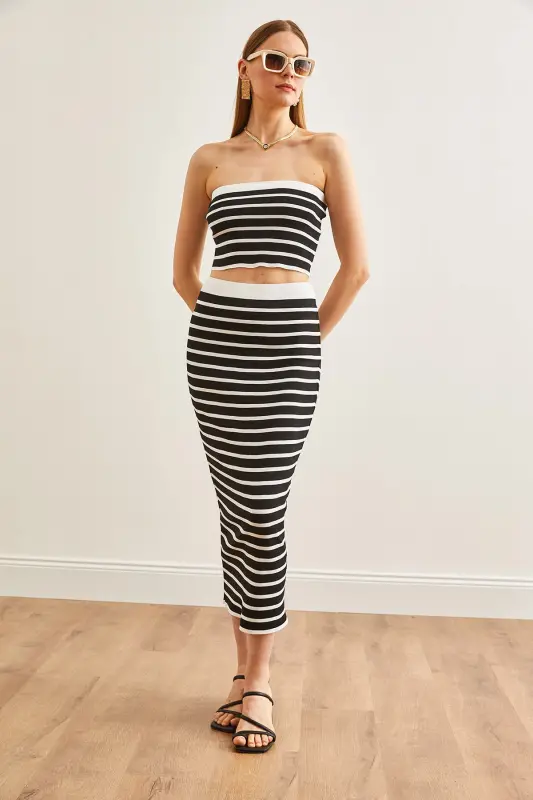 Women Black Top Strapless Blouse Bottom Skirt Knitted Suit - 2