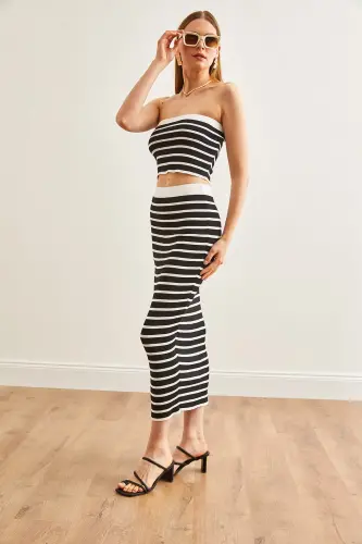 Women Black Top Strapless Blouse Bottom Skirt Knitted Suit - 6