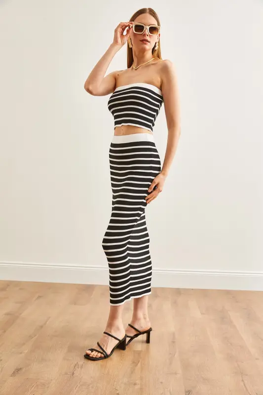 Women Black Top Strapless Blouse Bottom Skirt Knitted Suit - 6