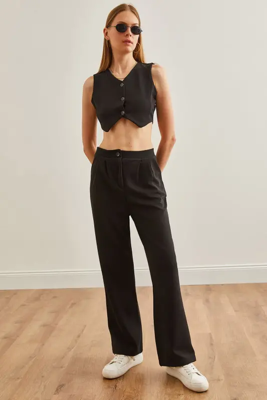 Women Black Top Vest Pocketed Palazzo Suit TKM- - OLALOOK