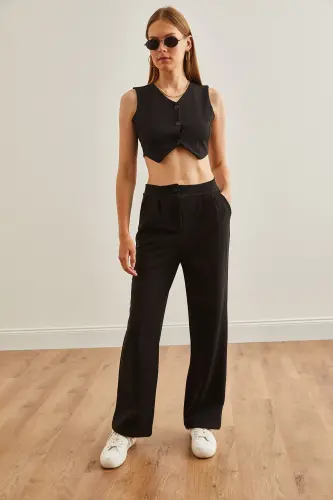 Women Black Top Vest Pocketed Palazzo Suit TKM- - OLALOOK (1)