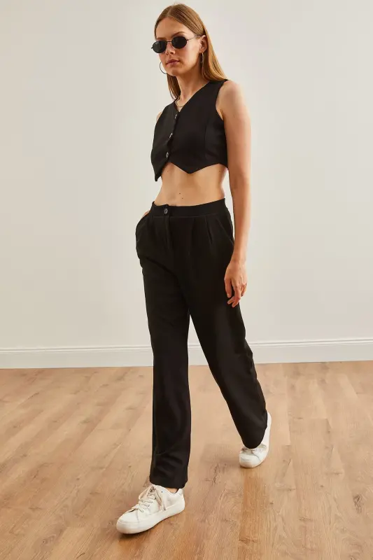 Women Black Top Vest Pocketed Palazzo Suit TKM- - 3