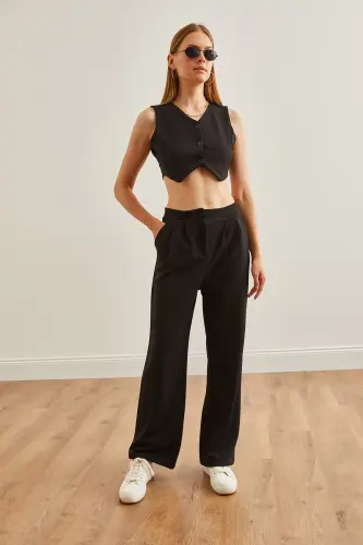 Women Black Top Vest Pocketed Palazzo Suit TKM- - 4