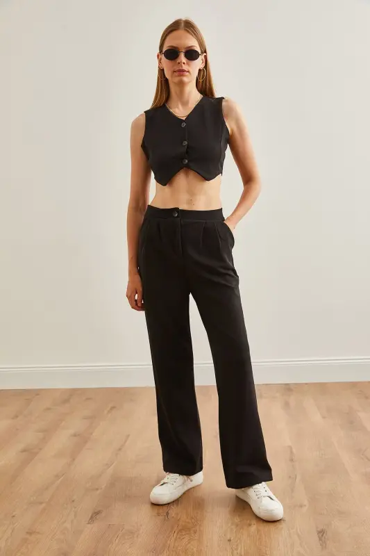 Women Black Top Vest Pocketed Palazzo Suit TKM- - 5