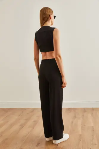 Women Black Top Vest Pocketed Palazzo Suit TKM- - 6