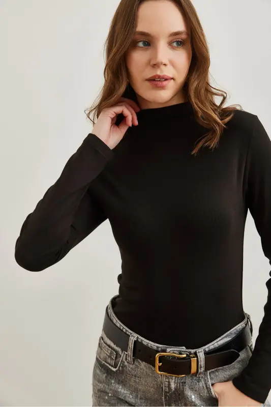 Women Black Turtleneck Drapey Soft Touch Blouse BLZ-19002758-Black - 3
