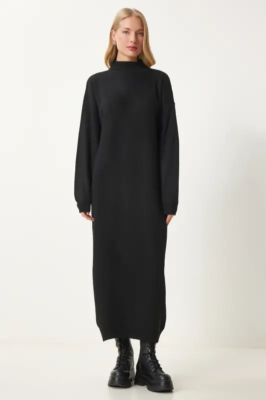 Women Black Turtleneck Long Knitted Dress DD01344-Black - 1