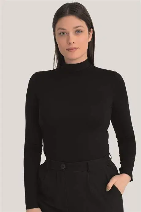 Women Black Turtleneck Long Sleeve Bodysuit 3 Pieces - 2